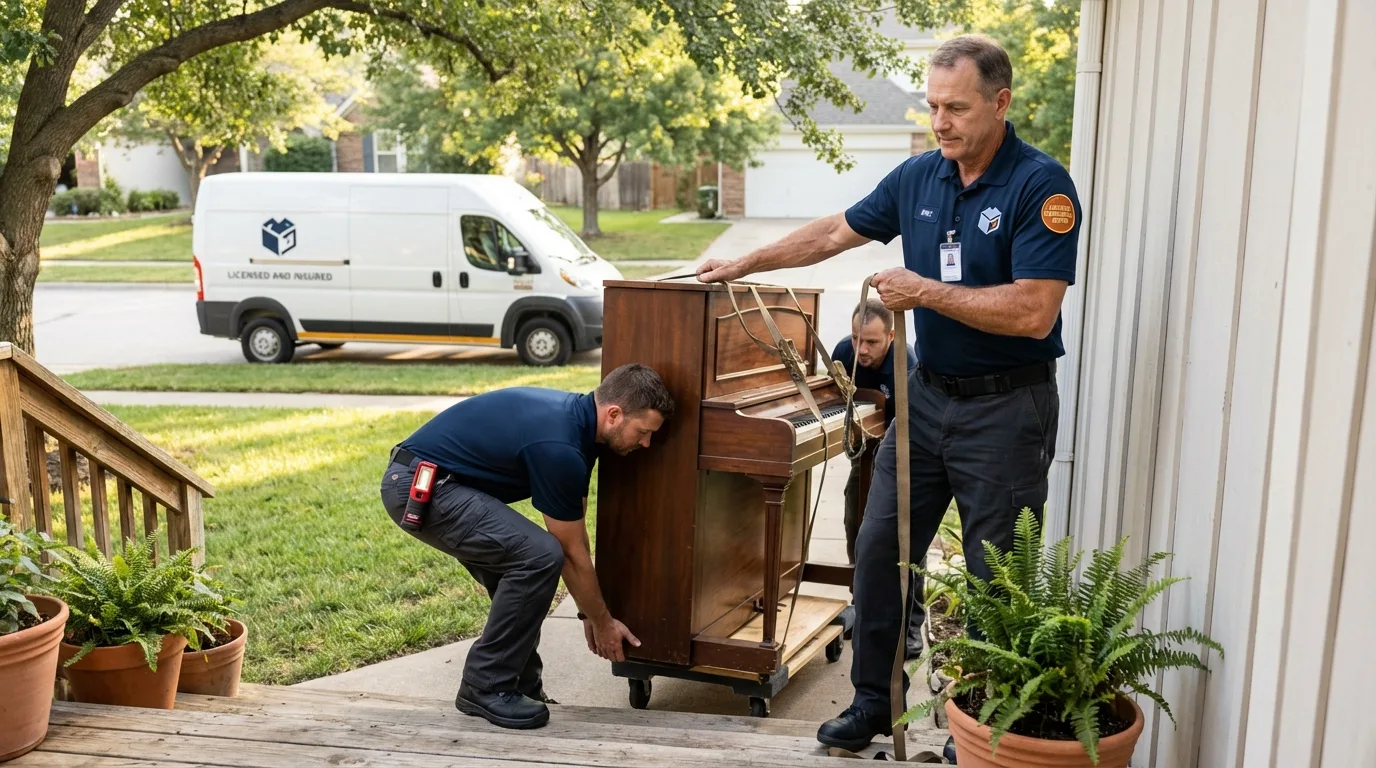 Licensed piano movers securing grand piano in Monsey, NY
