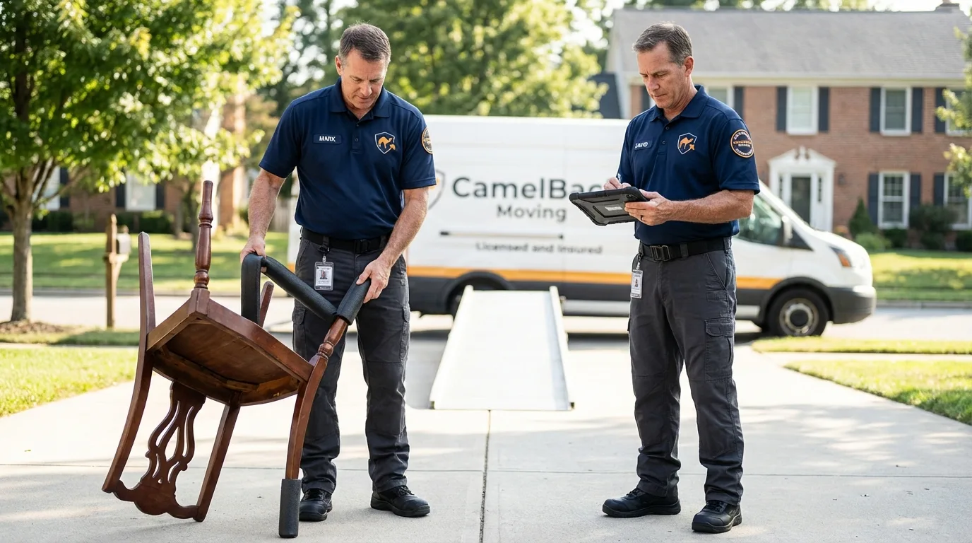 Movers inspecting furniture for damage prevention before loading in Monsey, NY