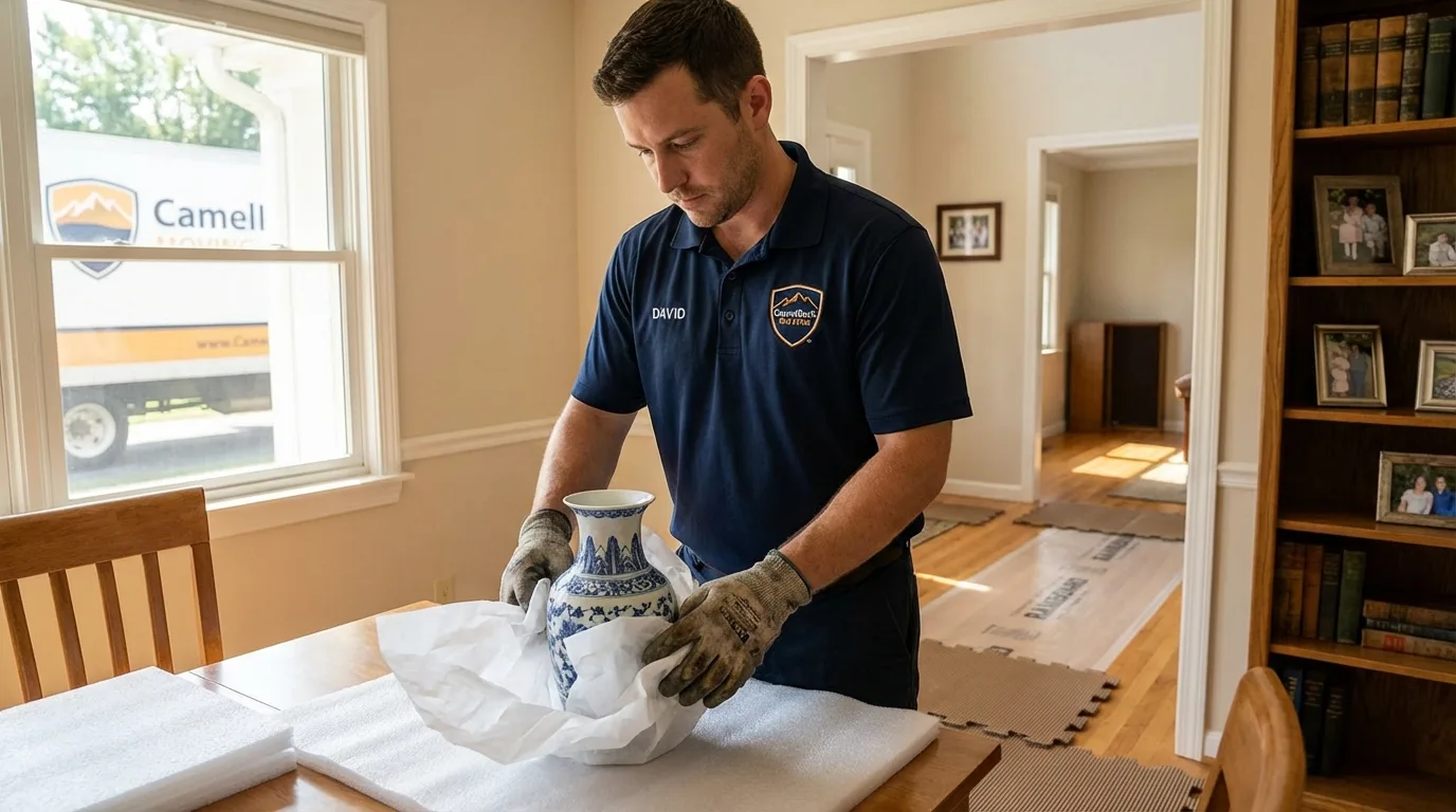 Professional crew carefully wrapping antique vase for senior downsizing move in Monsey, NY